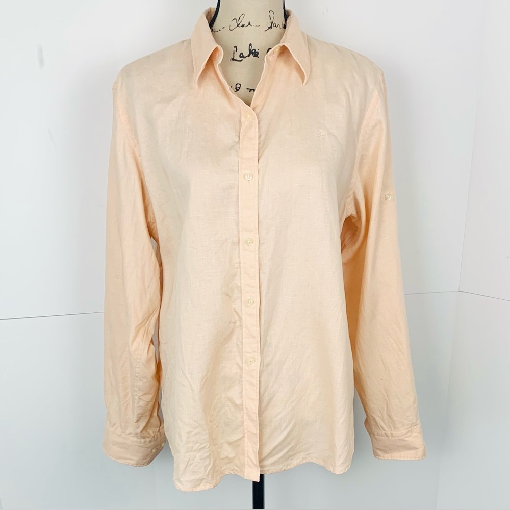 Lauren Ralph Lauren Women L 100% Linen Oversized Tunic Blouse Tab Sleeve Peach